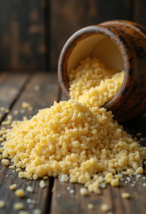 Raw semolina in a rustic ceramic bowl on a wooden surface