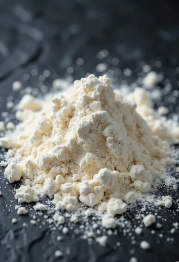 Wheat flour in a ceramic bowl, fine white powder consistency ingredient