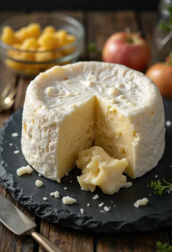 Sliced Camembert cheese on a wooden board with creamy interior