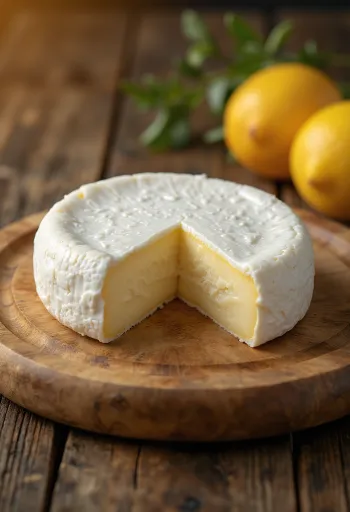 Fresh Camembert cheese in a white ceramic bowl, on a wooden table