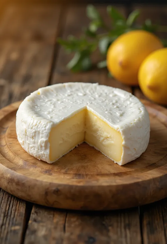 Fresh Camembert cheese in a white ceramic bowl, on a wooden table