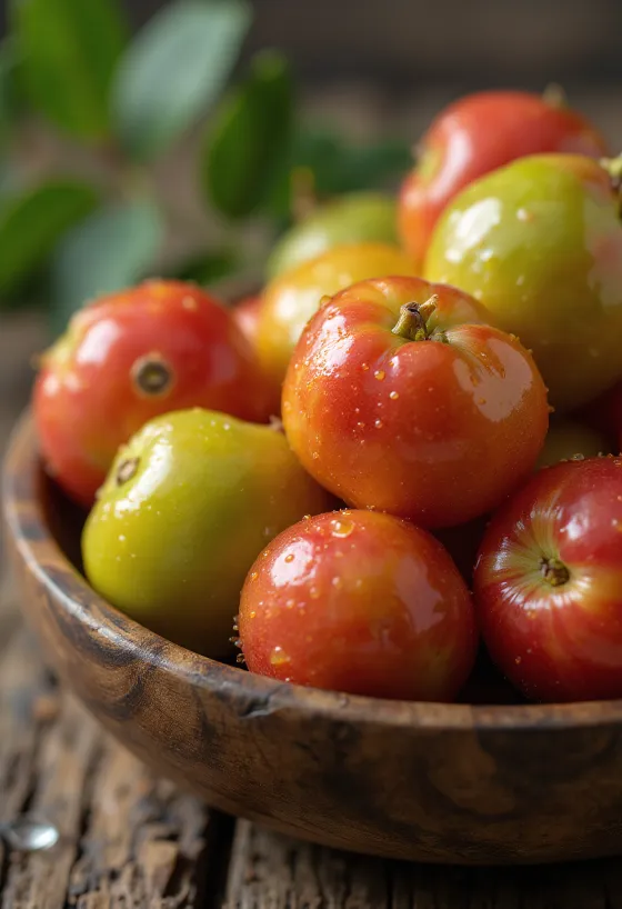 Fresh camu camu berries cut open and whole on a neutral surface
