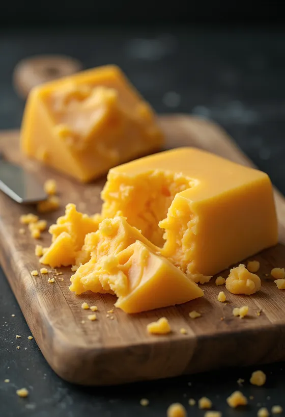 Sliced and cubed Cheddar cheese on a wooden cutting board
