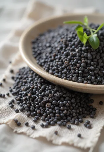 Black chia seeds photographed close up, scattered on white background