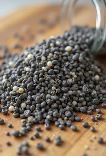 Chia seeds in a wooden bowl and spoon, on a rustic wooden surface