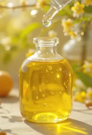 Chia oil in a small bottle, next to chia seeds in a wooden bowl