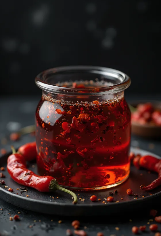 Chili oil in a bottle, next to a small bowl, with dried chili peppers