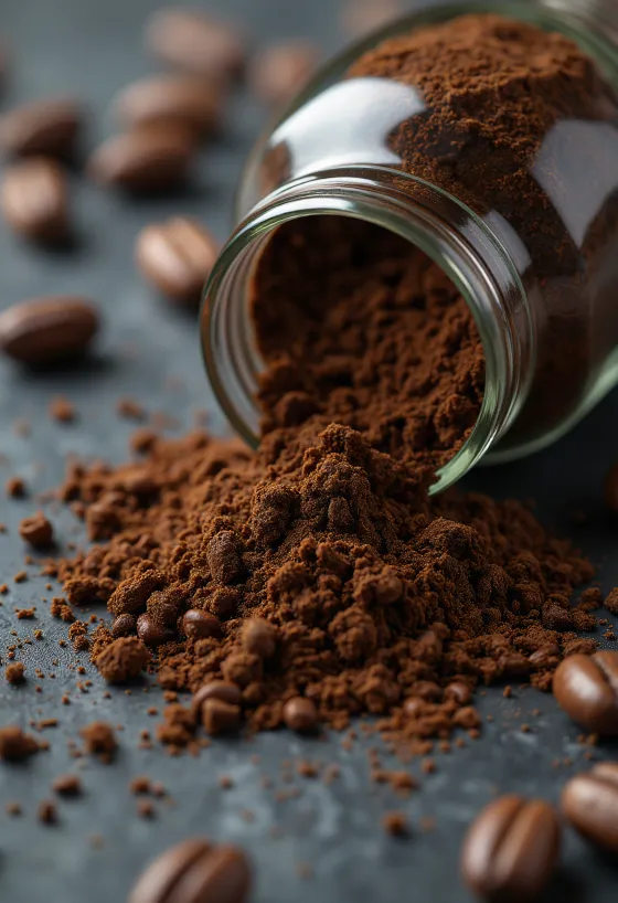 Roasted chicory coffee granules and dried chicory root in a wooden spoon and bowl