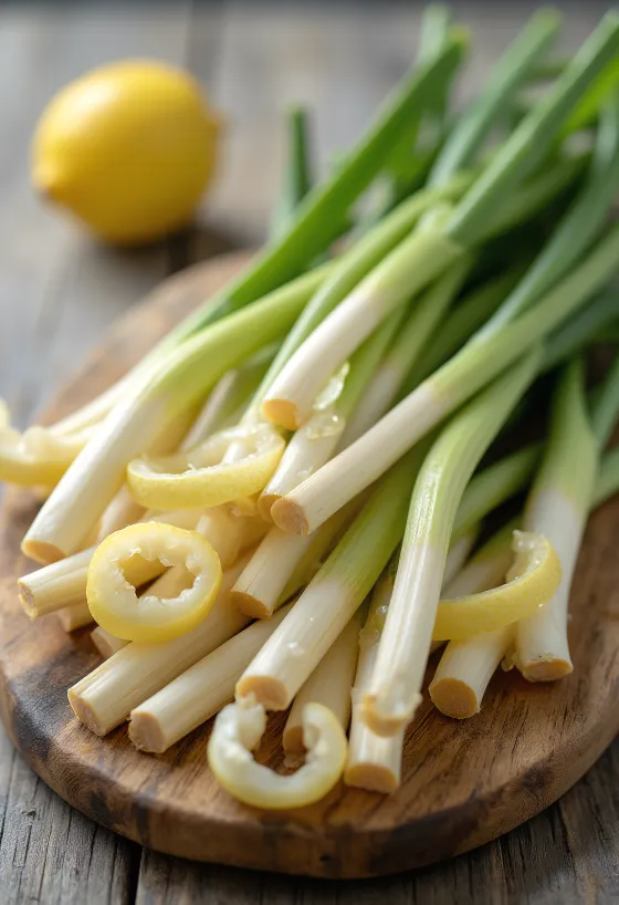 Fresh lemongrass stalks and chopped leaves in a bowl on a kitchen surface