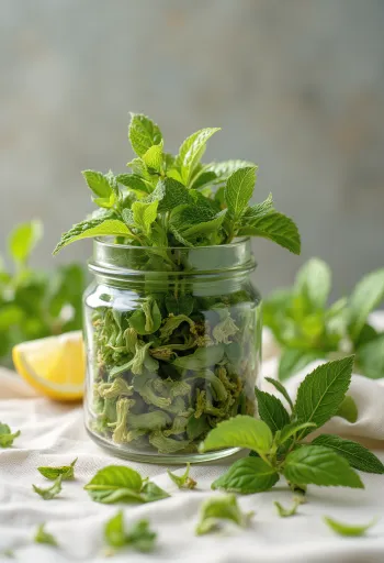 Dried lemon balm strands in a bowl and scattered with a wooden spoon on a kitchen surface