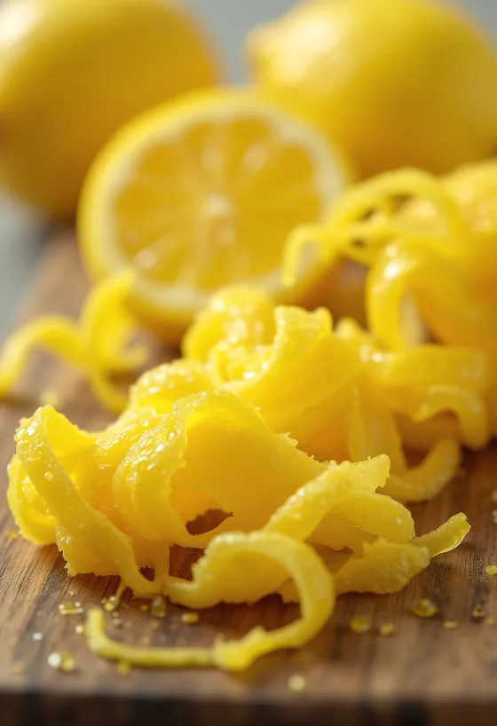 Fresh lemon peel grated and cut into strips in a bowl, with lemon and honey