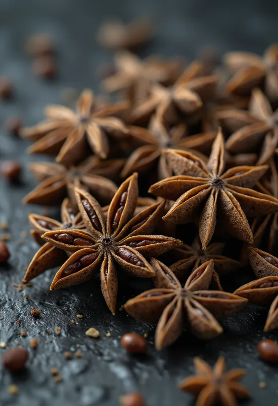 Dried star anise pieces on a wooden surface, in a bowl and scattered