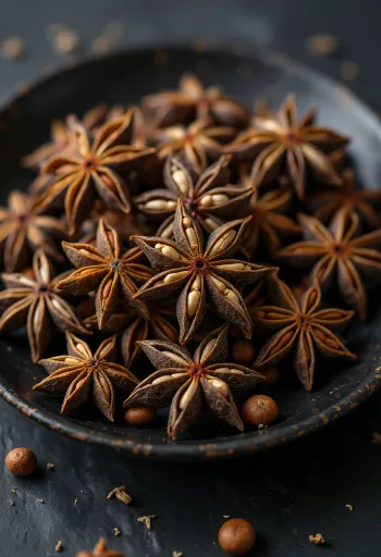 Star anise whole dried spice pods on wooden surface