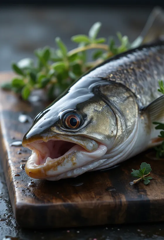 Fresh pike fillets with lemon, dill, and pepper on a wooden cutting board