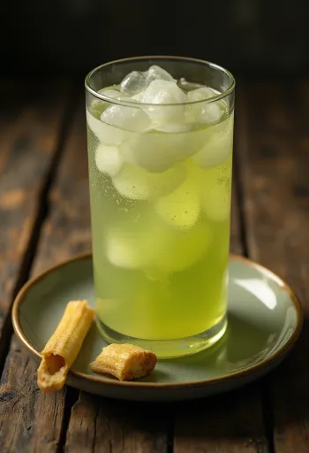Fresh sugarcane juice in a glass, alongside cut sugarcane pieces