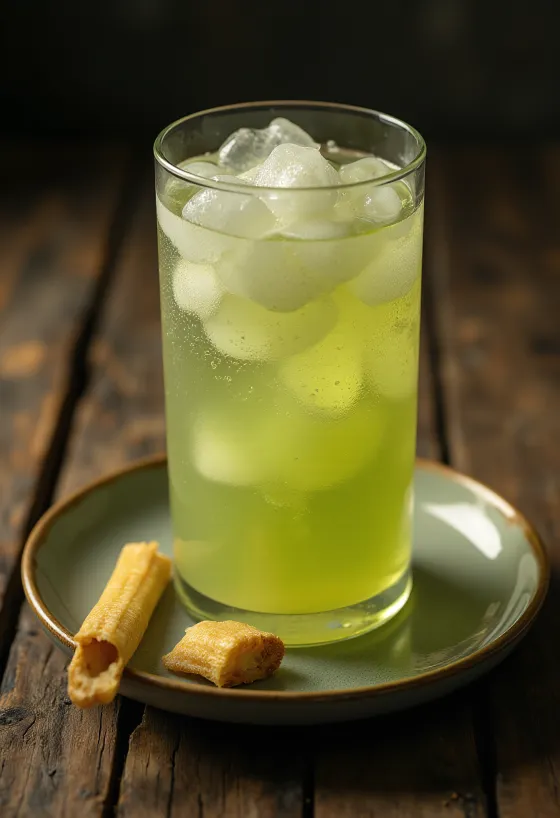 Fresh sugarcane juice in a glass, alongside cut sugarcane pieces