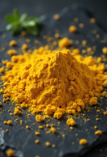 Curry powder sprinkled on a rustic wooden counter, in a small bowl