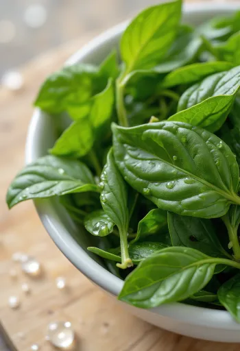 Fresh curry leaves on a wooden kitchen surface, some chopped in a bowl