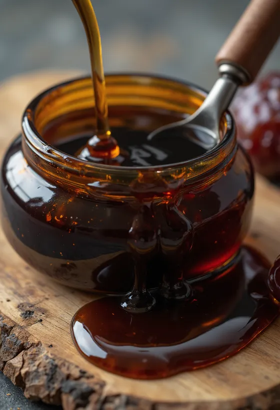 Date syrup in a small jar, thick brown syrup dripping from a wooden spoon