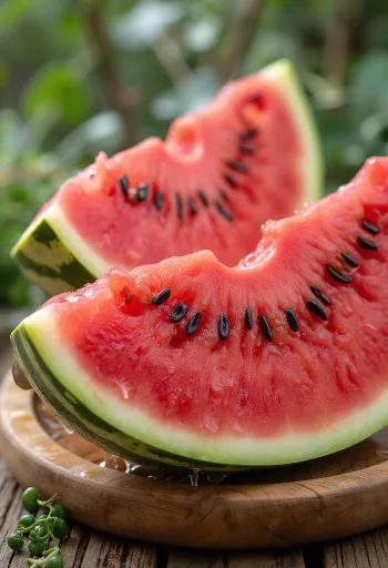 Fresh cut watermelon with red flesh and black seeds on a wooden surface