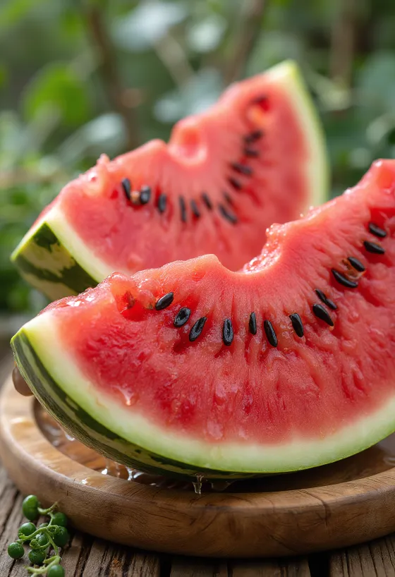 Fresh cut watermelon with red flesh and black seeds on a wooden surface