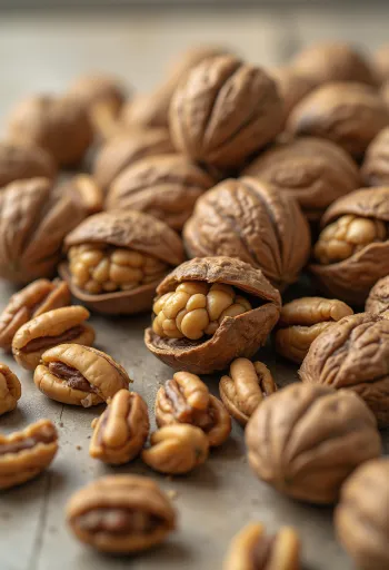 Halved walnut kernels in a wooden bowl and scattered on a rustic surface