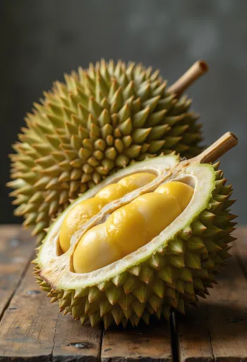 Whole and opened durian fruit with spiky husk and creamy inner flesh