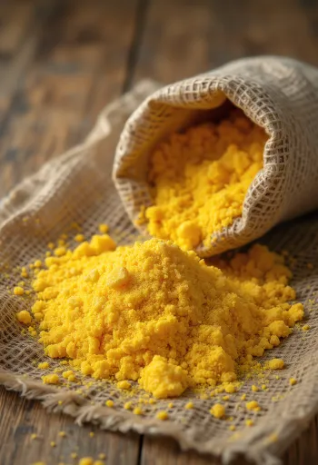 Coarse, golden-yellow cornmeal (polenta) in a wooden bowl and scattered on the surface