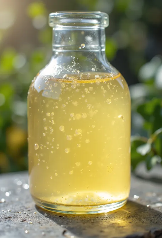 Vinegar in a glass bowl surrounded by apples, grapes, rice, malt, and mother of vinegar on a rustic wooden table
