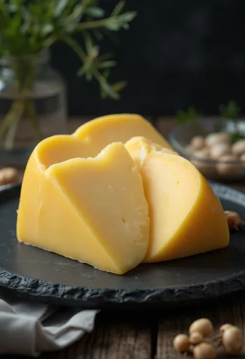 Fresh Edam cheese in a white ceramic bowl, on a wooden table