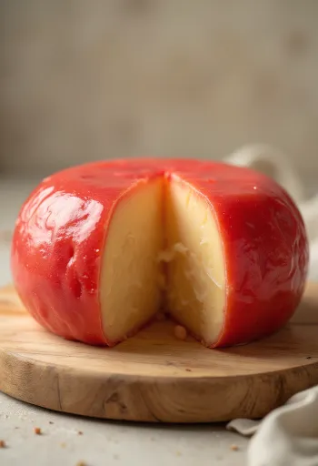 Sliced Edam cheese with red wax coating on a wooden cheese board