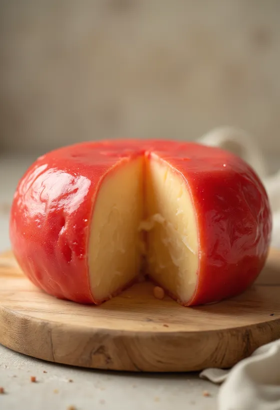 Sliced Edam cheese with red wax coating on a wooden cheese board