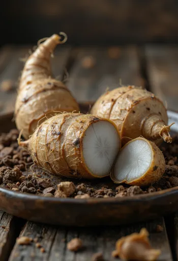 Dried eddoe root showing detailed texture and natural colors