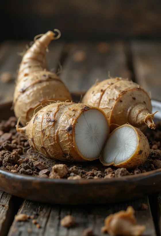 Dried eddoe root showing detailed texture and natural colors