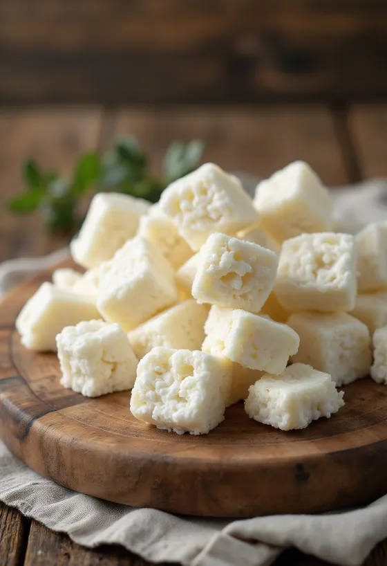 Fresh, crumbly sweet Orda (whey cheese) in a white ceramic bowl