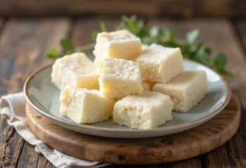 Fresh, crumbly sweet Orda (whey cheese) in a white ceramic bowl