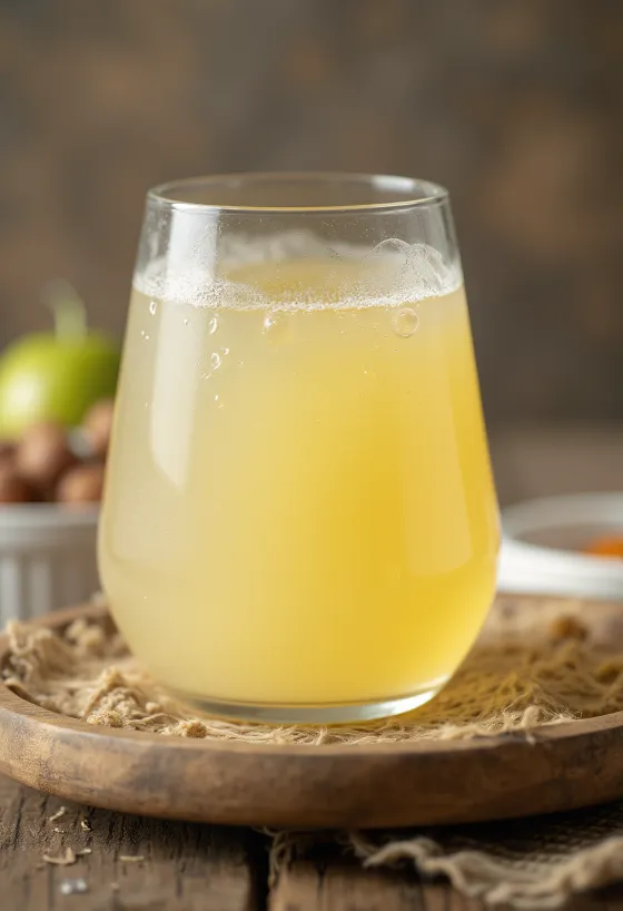 Glass bowl with sweet whey and a bottle of fresh whey on a rustic surface