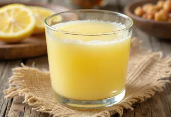 Glass bowl with sweet whey and a bottle of fresh whey on a rustic surface