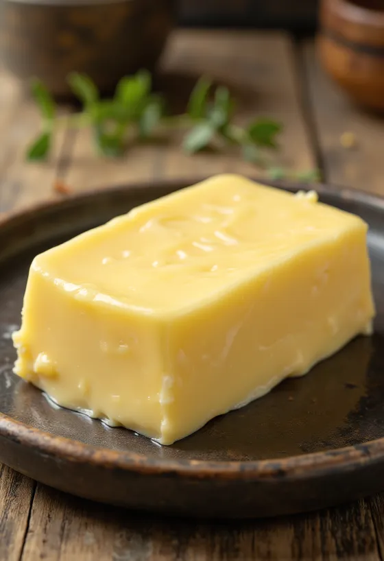 Creamy butter made from sweet cream in a small dish, on a rustic surface