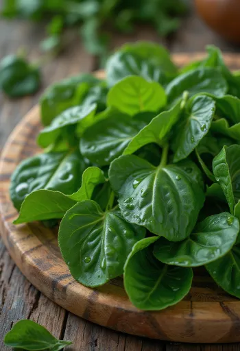 Fresh sweet potato leaves raw, picked, arranged in a bowl or pile