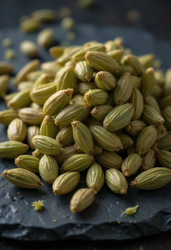 Whole fennel seeds in dried form on a wooden surface