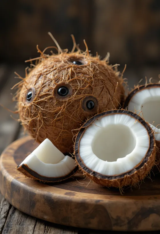 Whole coconuts and a cracked piece revealing the white meat