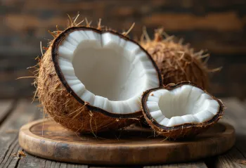 Whole coconuts and a cracked piece revealing the white meat