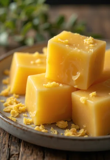 Food-grade beeswax in block and grated form on a wooden surface