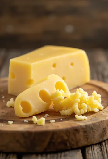 Fresh Emmental cheese in a white ceramic bowl, on a wooden table