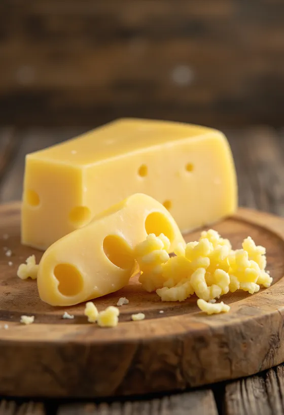 Fresh Emmental cheese in a white ceramic bowl, on a wooden table