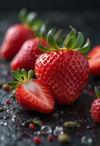 Fresh whole and halved strawberries on a rustic wooden table with strawberry jam