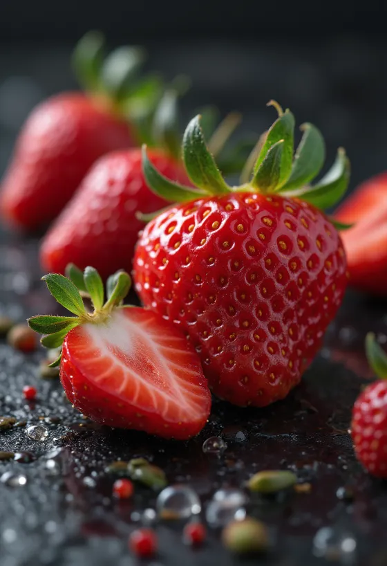 Fresh whole and halved strawberries on a rustic wooden table with strawberry jam