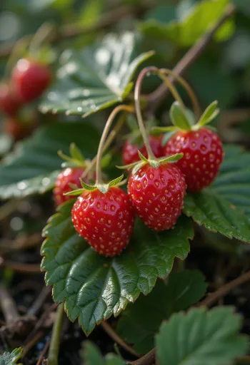 Fresh wild strawberries cut open and whole, in clean documentation style