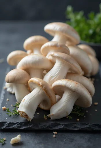 Fresh King Oyster mushrooms with thick white stems and brown caps on a cutting board